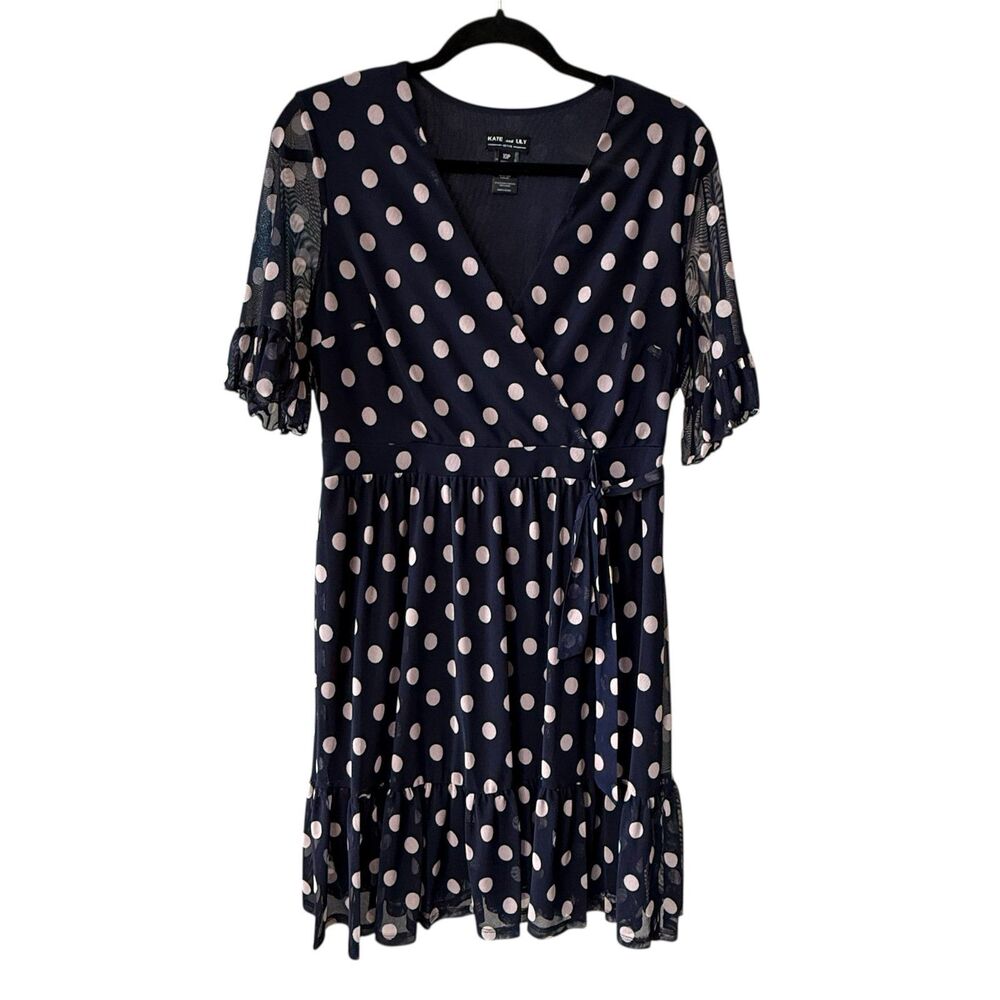 NWT Kate and Lily Polka Dot Faux Wrap Midi Dress Short Flutter Sleeves Size 10P‎